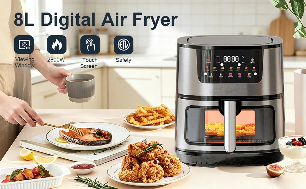 Air Fryer 8L 2800W Oil Free Electric Air Fryer with Touchscreen Household Multi-function Non-fat Fryer with Visible Window