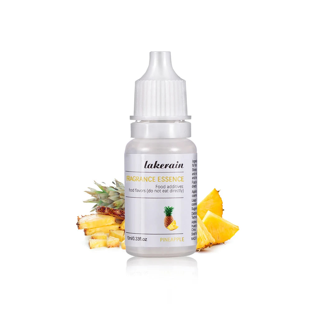10ml Pineapple fragrance oil for DIY lip gloss and soap making in a clear dropper bottle with tropical fruit graphics.