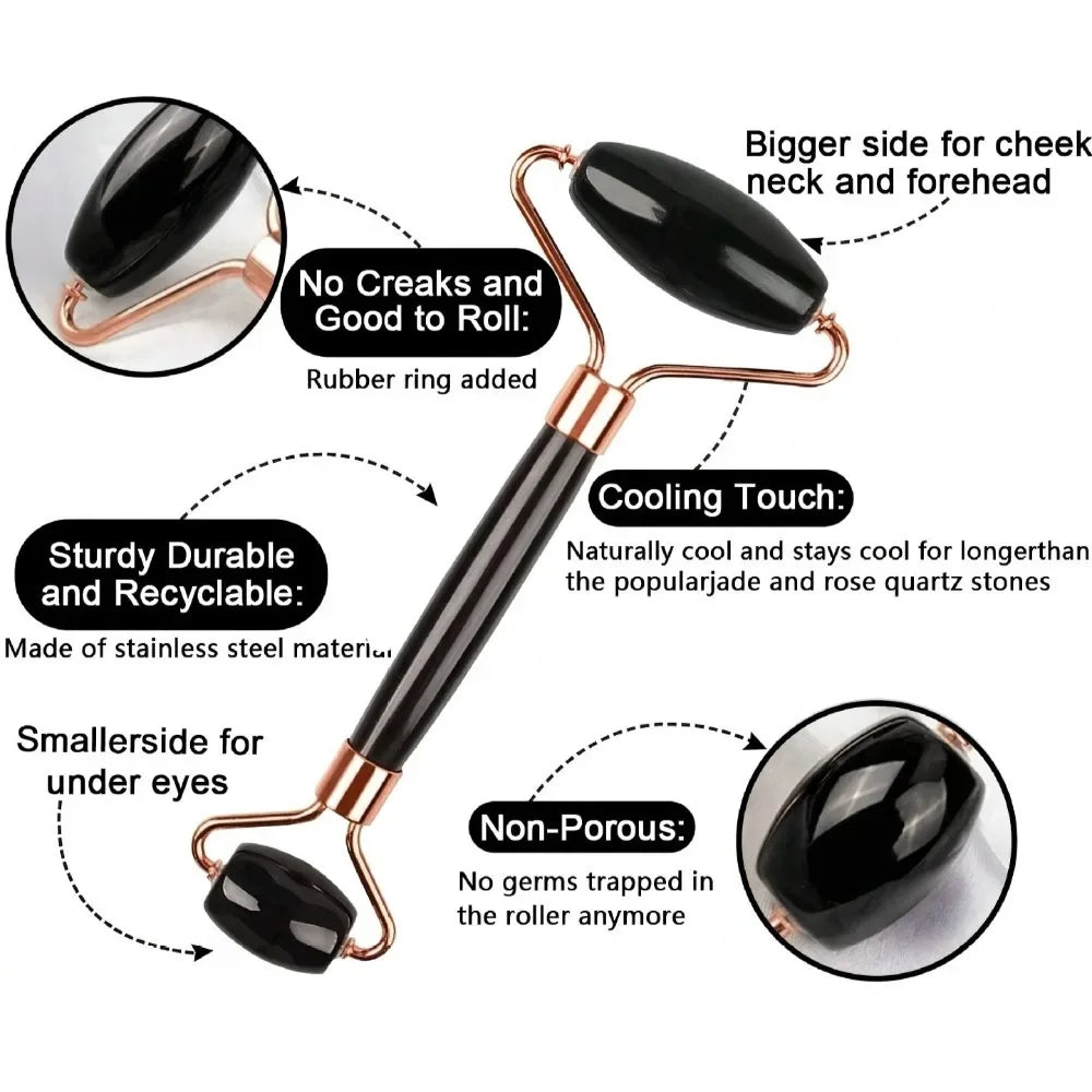Black facial massage roller with rose gold accents and smooth black stones on both ends, with descriptive text labels.