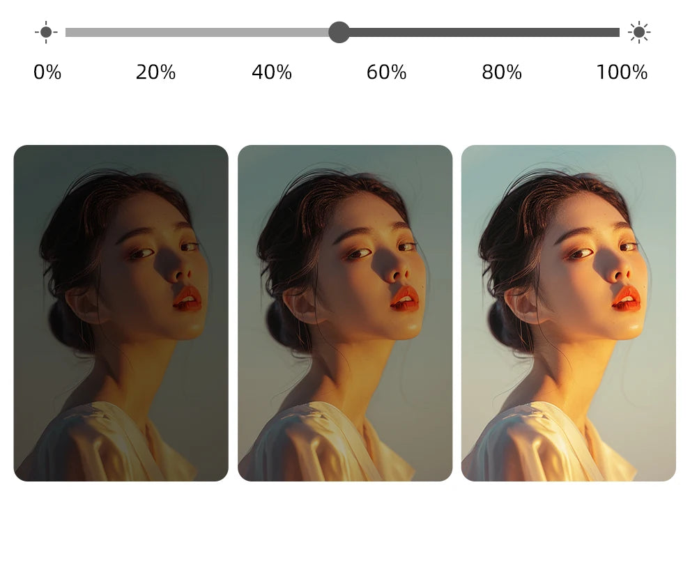 Brightness adjustment slider showing three levels of illumination on a portrait, ranging from dim to bright.