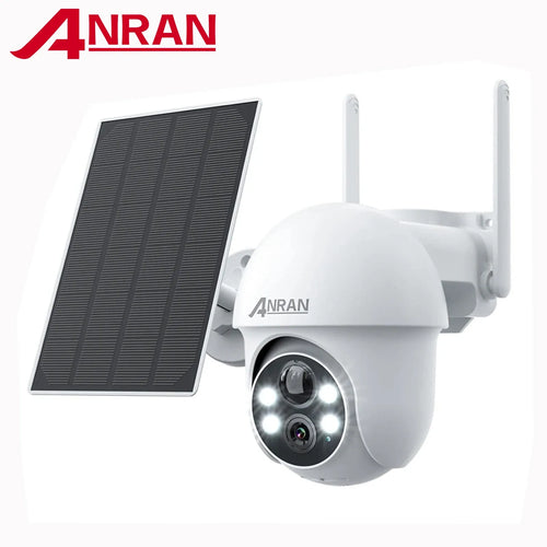 ANRAN solar PTZ security camera, white dome with dual lenses and spotlight LED