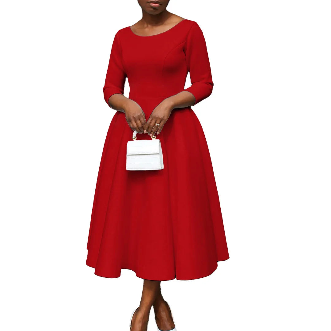 Elegant Pure Color Maxi Dress Evening Gown A- Line Skirt Polyester Fabric round Neck Short Sleeve High Waist Midi Dress