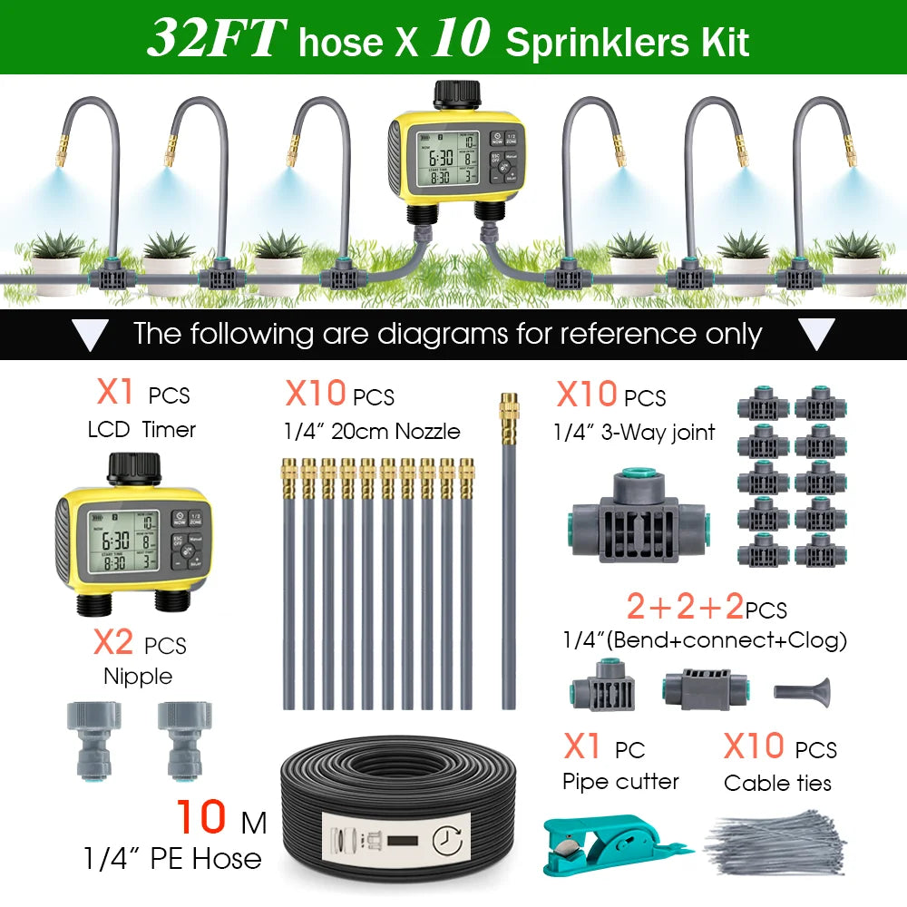 Gardening Intelligent LCD Dual Zone Independent Water Timer Atomization Cooling System Kit Courtyard Automatic Watering Program