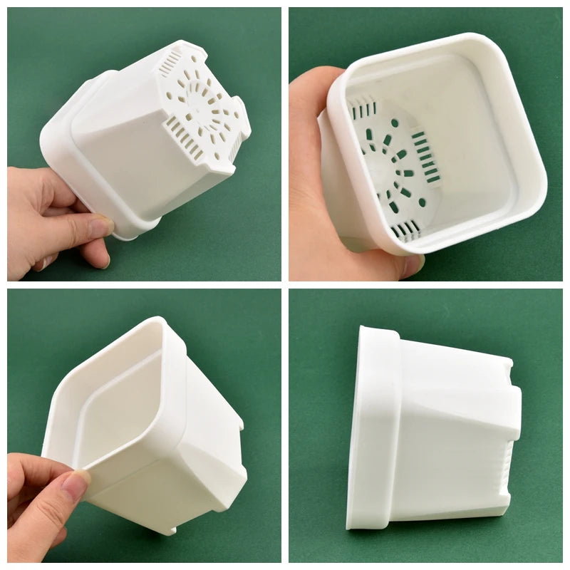 White square flower pot with removable drainage insert, shown from different angles