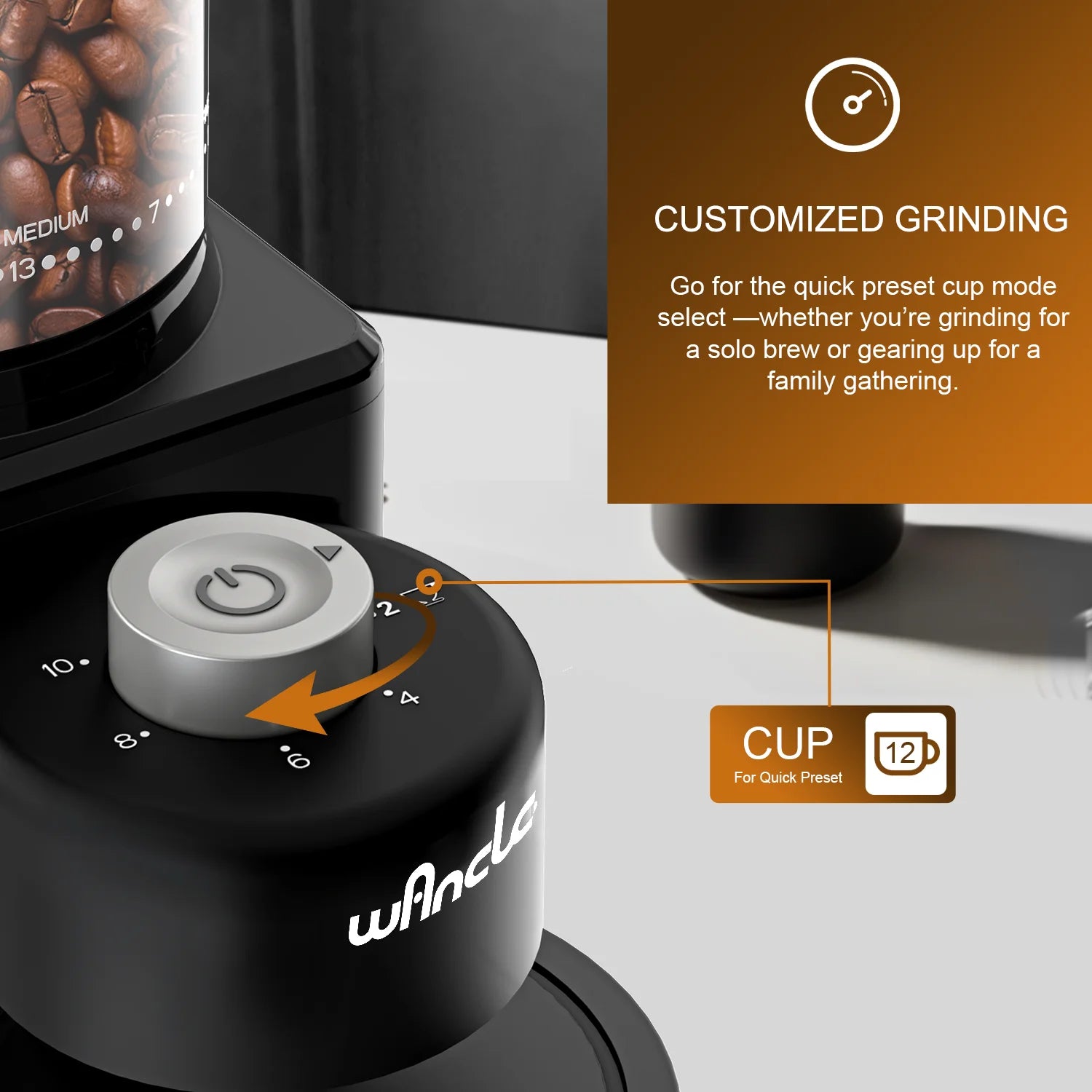 Wancle black electric coffee grinder with 12-cup preset dial and clear bean hopper for customized grinding.