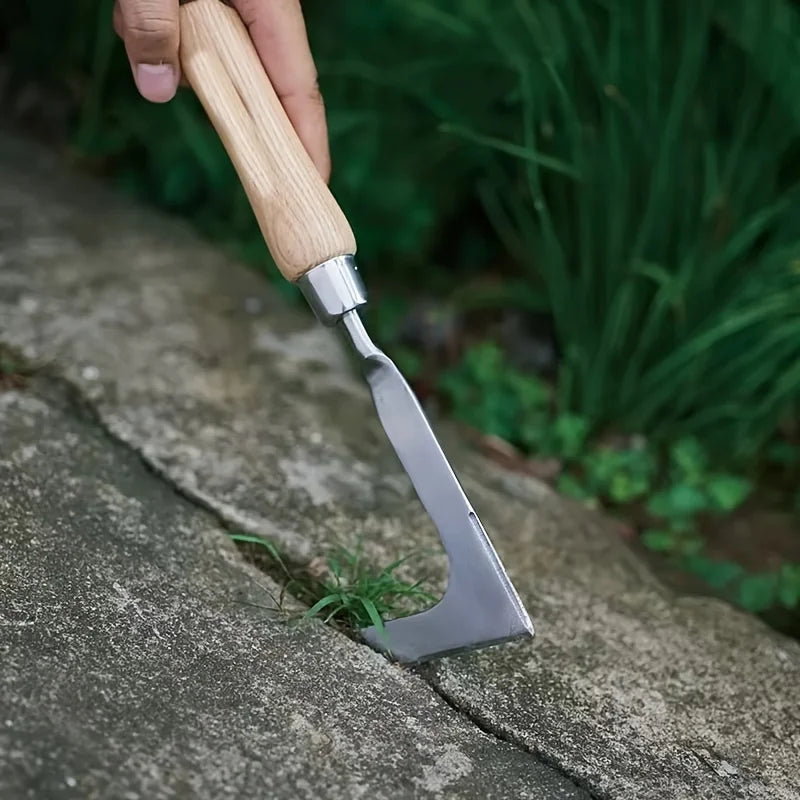 Stainless steel L-shaped weeding tool with wooden handle, removing weeds from pavement cracks