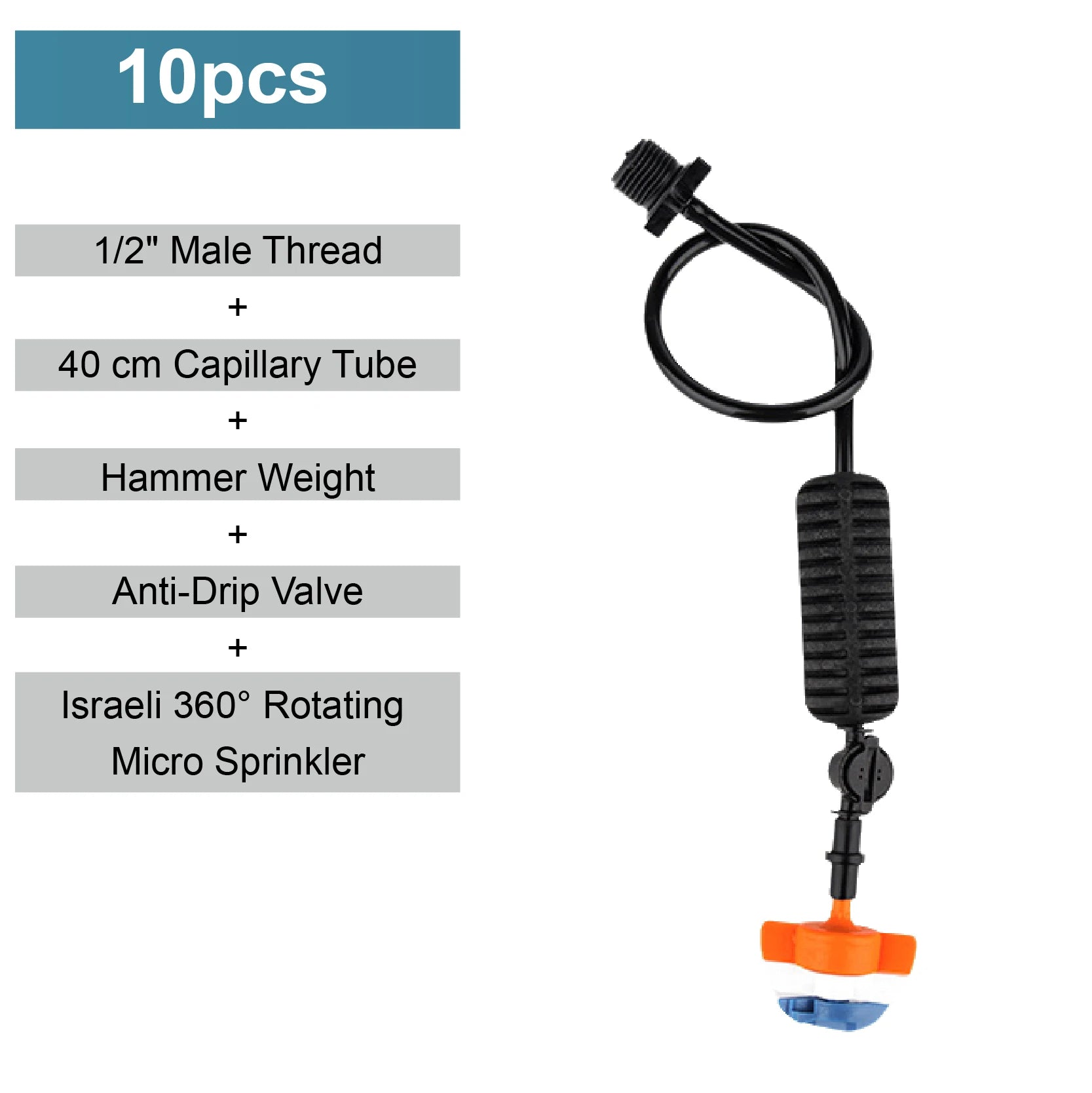 Garden hanging mist sprayer with black tube, anti-drip valve, and orange top nozzle