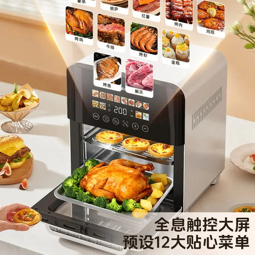 Two-tier black and white air fryer oven with open drawer and roasted chicken inside