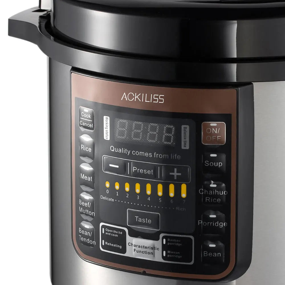 Electric pressure cooker control panel with LCD display and preset program buttons