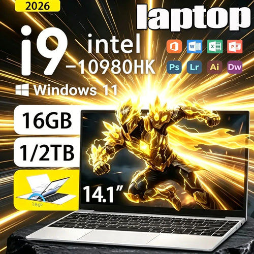 Silver 14.1-inch laptop with a slim bezel, black keyboard, large trackpad, and multiple side ports.