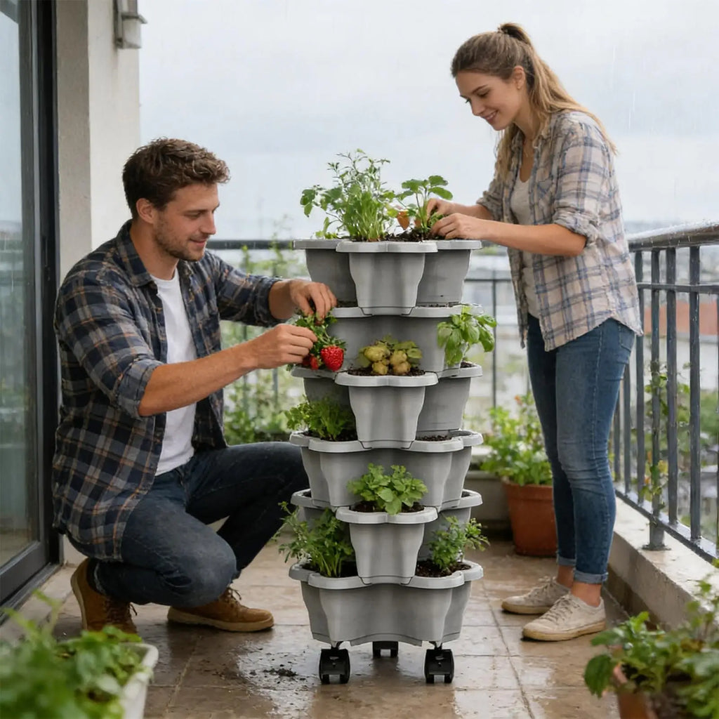 Gray plastic vertical planter tower with four tiers and wheels on a balcony, with potted greens