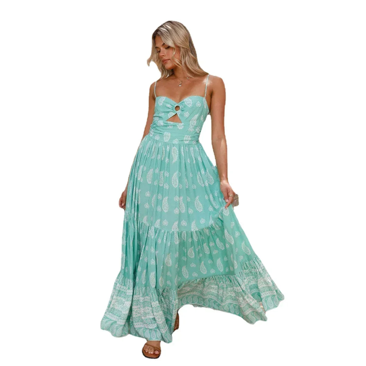 Tidesmit turquoise paisley print maxi dress with spaghetti straps, a front cutout, and a tiered A-line skirt.