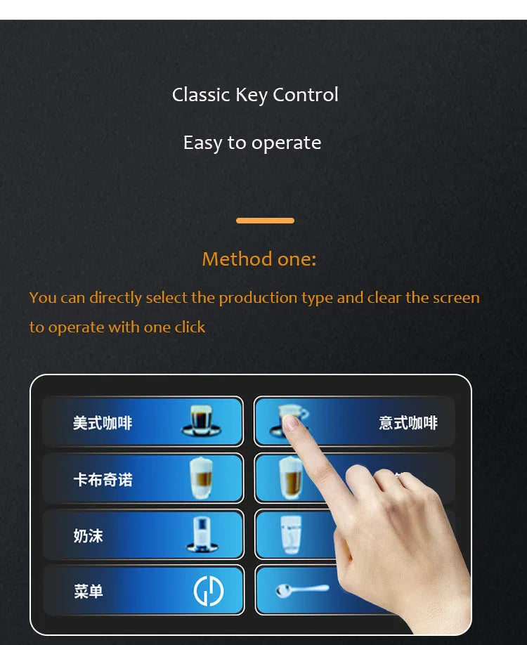 Hand pressing digital touchscreen interface of automatic coffee machine with menu icons for various coffee drinks.