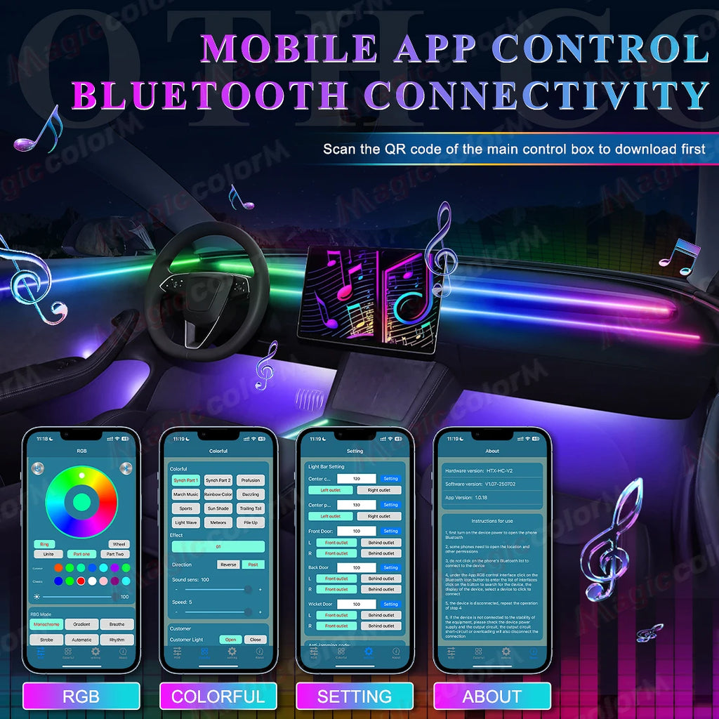 Car interior LED ambient lighting kit with app-controlled multi-color light strips for customizable vehicle dashboards.