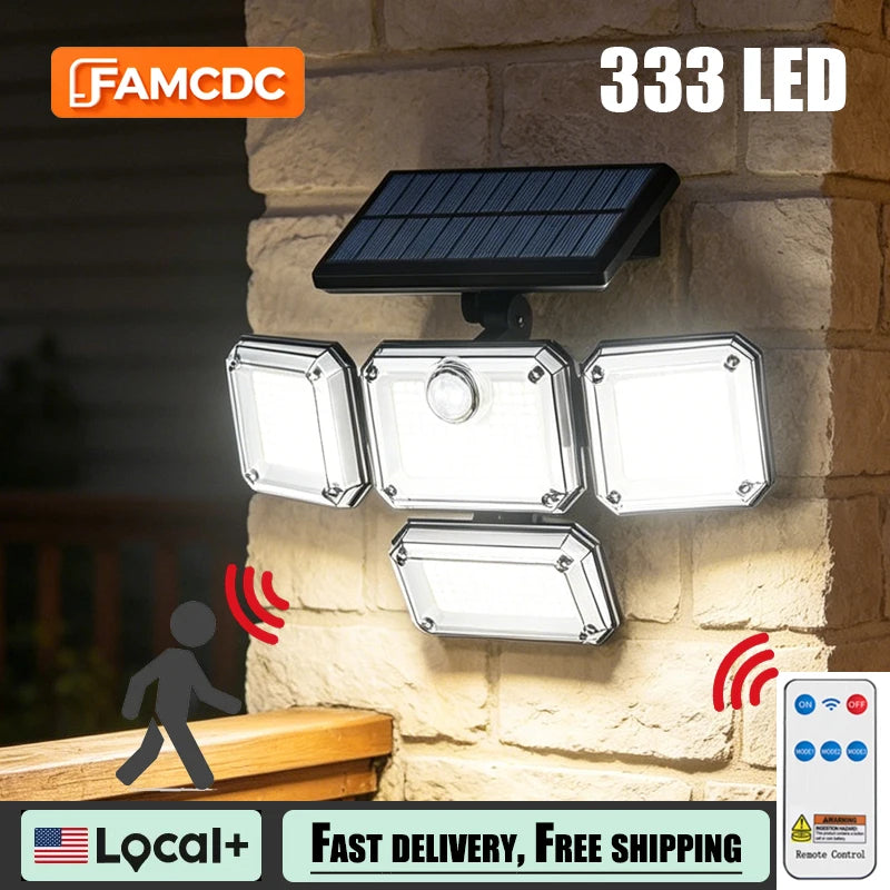FAMCDC Solar Light 333LED IP65 Waterproof Outdoor Indoor Solar Garden Lamp With Adjustable Head Wide Lighting Angle With 3 Mode