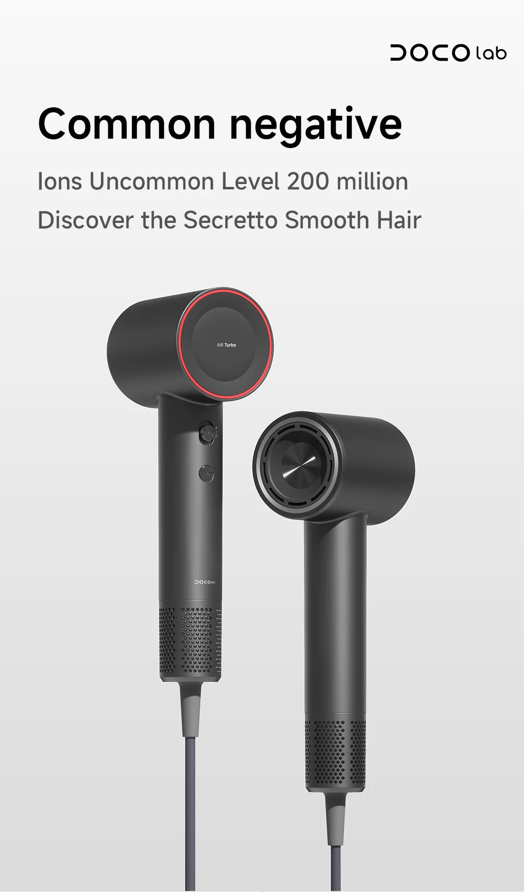 DOCO high-speed hair dryer in matte black with 200M negative ions for smooth, professional hair drying at home.