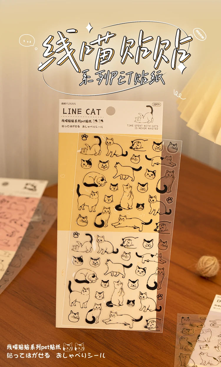Two sheets of cute cartoon cat PET stickers for DIY scrapbooking, journaling, and creative craft decoration.