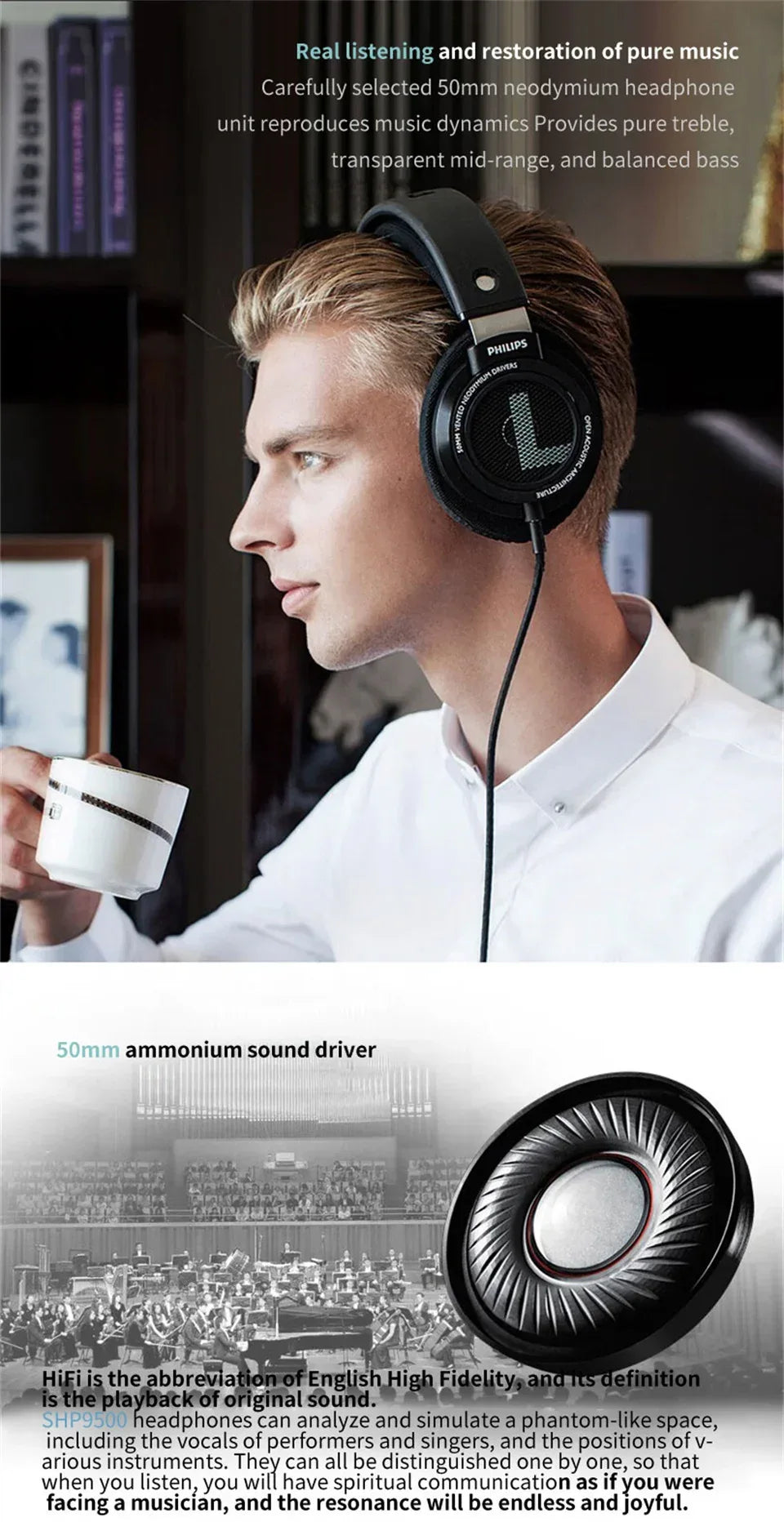 Philips SHP9500 HiFi Open-Back Wired Headphones by Tidesmit Tidesmit