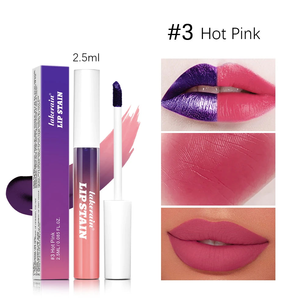 Hot Pink waterproof peel-off lip stain with matte finish, showing applicator, color swatch, and applied pink lips.