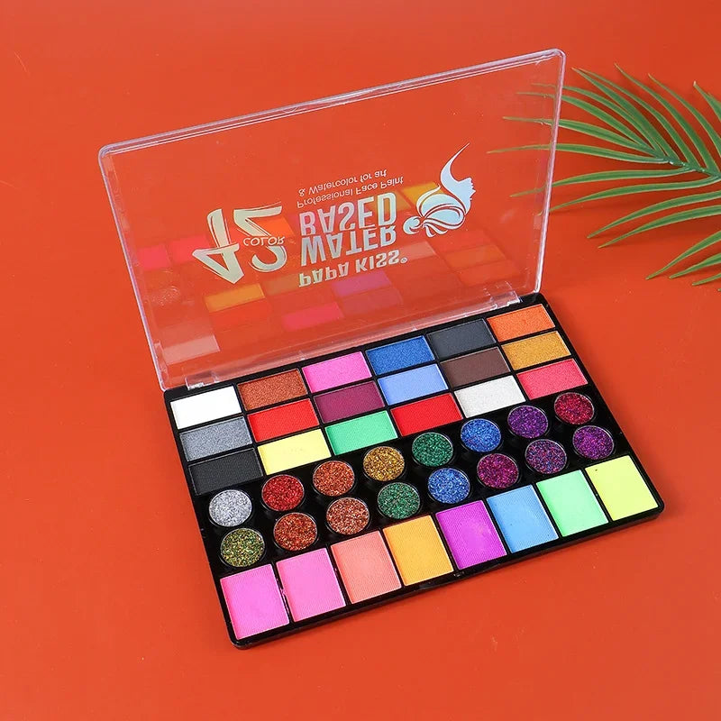 Tidesmit 42 color face and body paint kit featuring water soluble neon glow pigments for festival makeup swatches