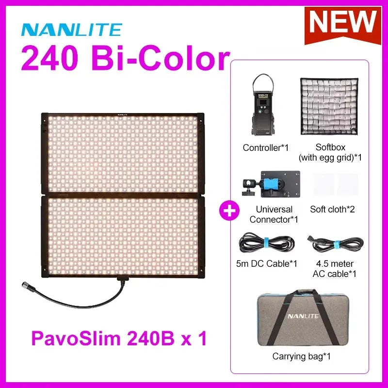 PavoSlim 240B bi-color LED panel kit, including controller, softbox, grid, mount, cables, and carrying case.
