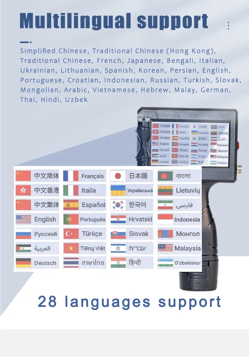 Handheld inkjet printer with multilingual language list on the display