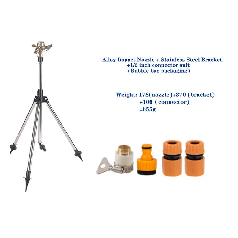 Zinc alloy tripod sprinkler set with alloy bracket and included nozzle pieces