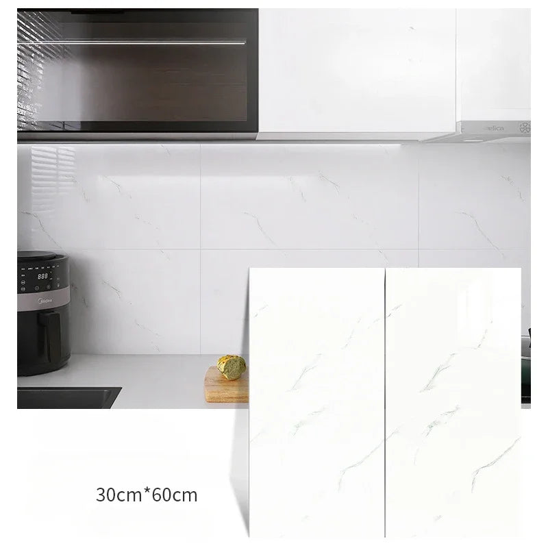 Marble-effect tile wall stickers, white with subtle gray veining, 30x60 cm