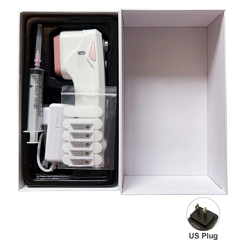 Professional white and pink mini HIFU face lifting machine for home anti-aging and ultrasonic skincare in storage box.