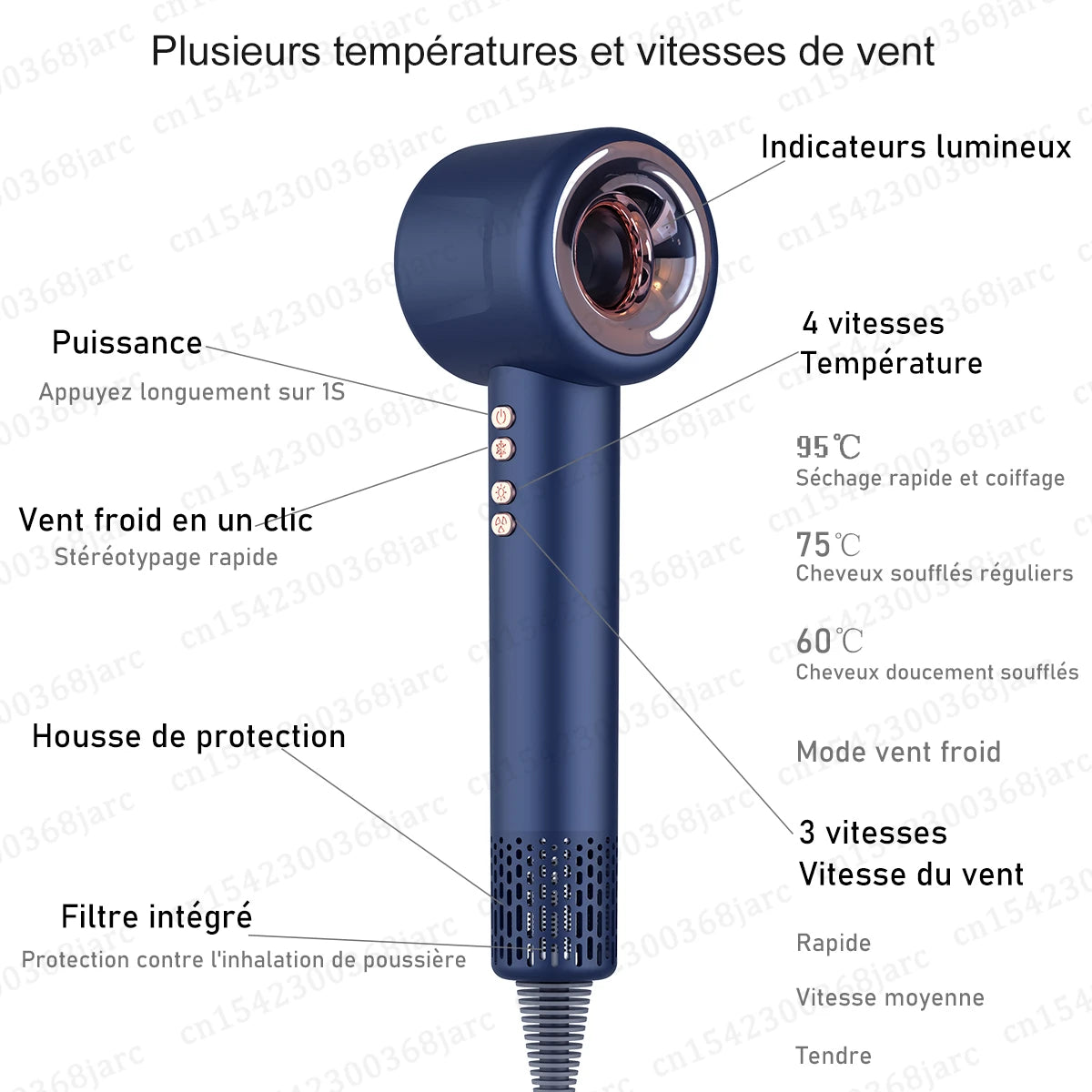 Blue leafless professional hair dryer with negative ion tech, 4 temp settings, and digital speed controls for hair care.