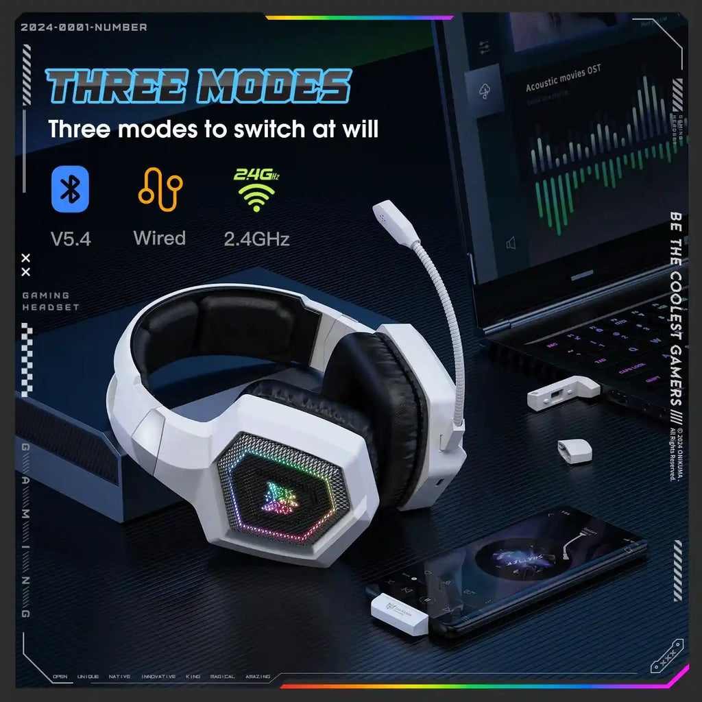 Wireless Gaming Headset with Mic - Noise Cancelling Over-Ear White Tidesmit