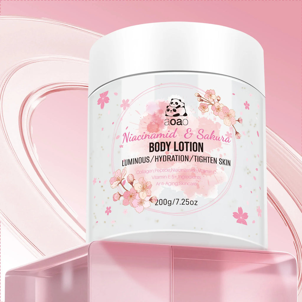 Sakura Niacinamide Moisturizing Body Lotion, infused with shea butter and cherry blossoms. Lightweight and non-greasy.