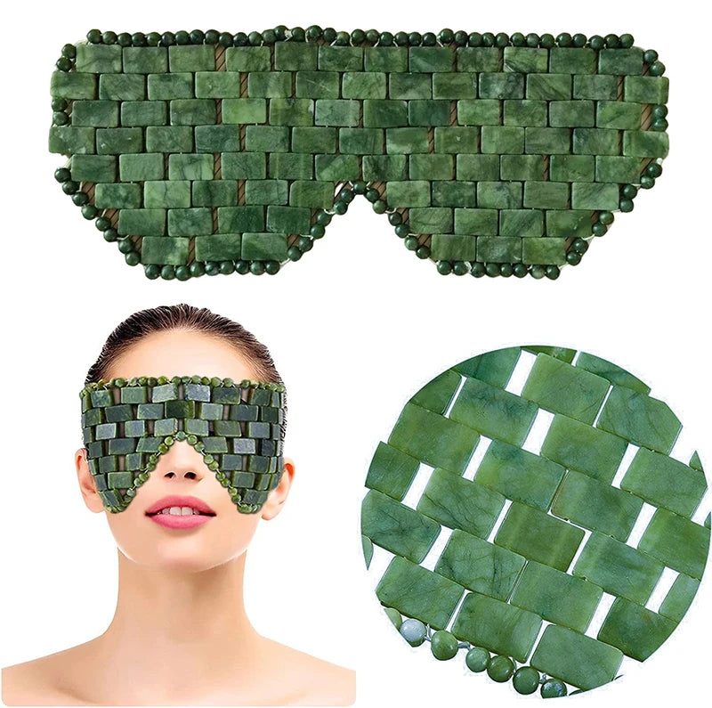 Natural jade stone eye mask for cooling sleep and facial massage, featuring rectangular beads on a face model.