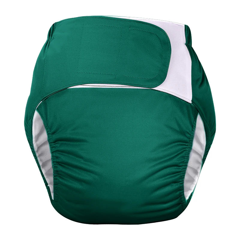 Reusable dark green cloth baby diaper with hook and loop closure for comfortable baby care.