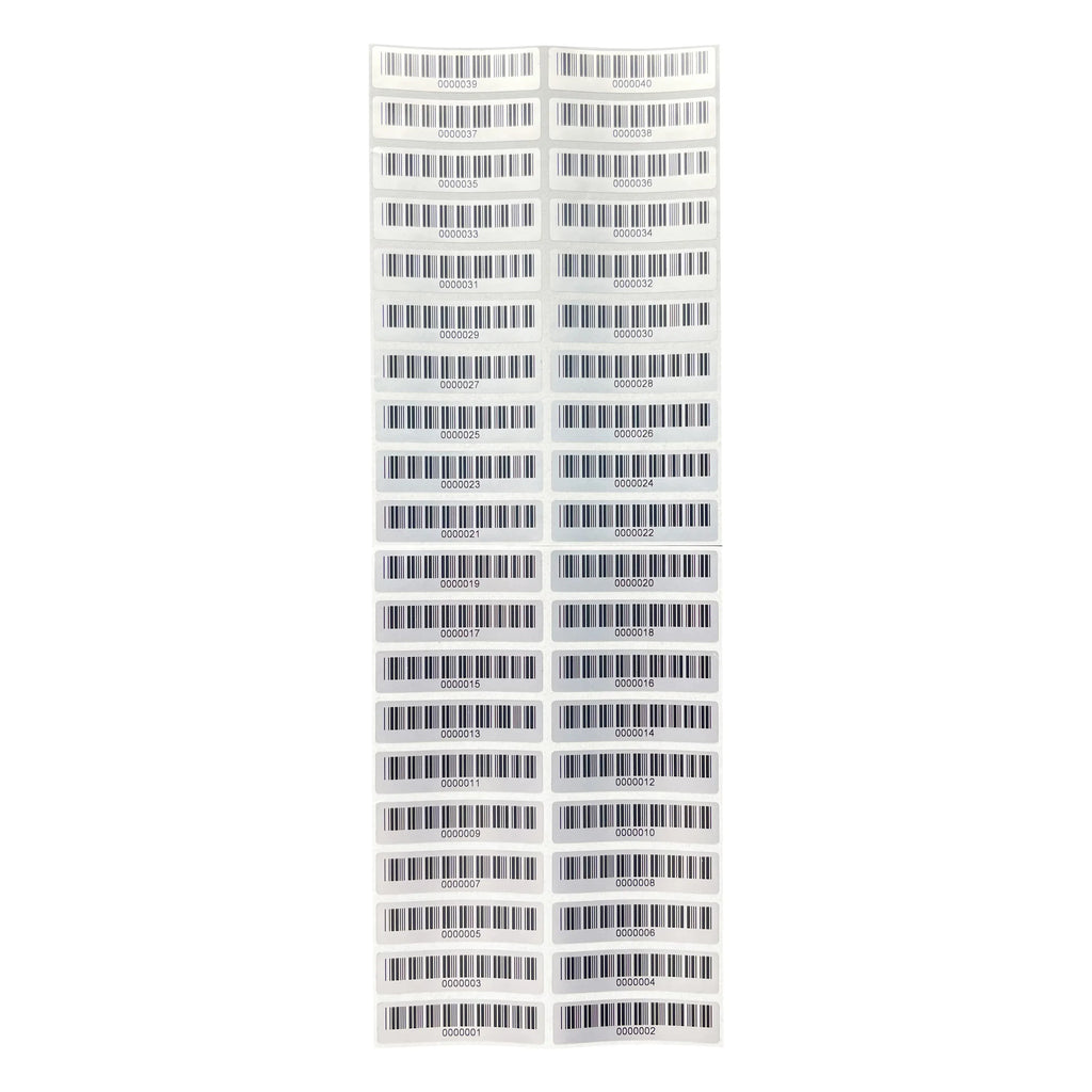 Matte silver PET barcode asset labels sheet with tall vertical stack of rectangular barcodes