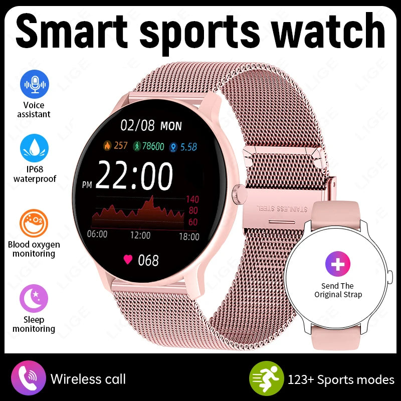 Pink mesh smart sports watch with circular screen and metal mesh band