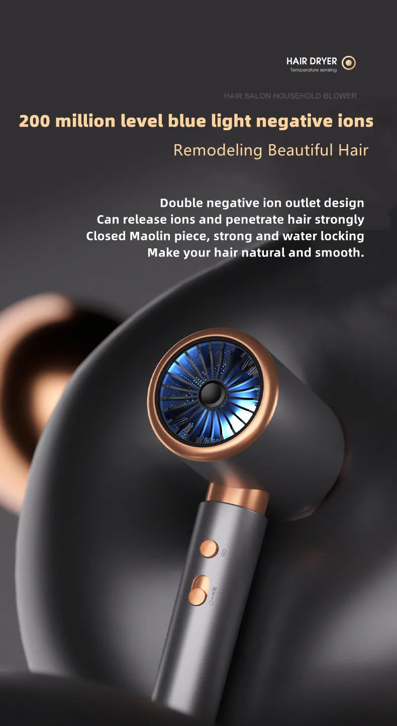 Grey and rose gold 2400W high-speed hair dryer with blue light negative ion technology for professional salon results.