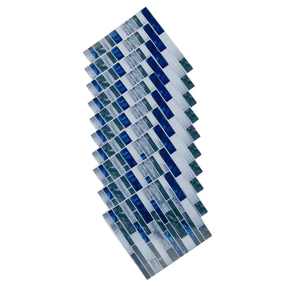 Self-adhesive 3D mosaic tile sticker sheet, blue glass-look and gray brick tiles