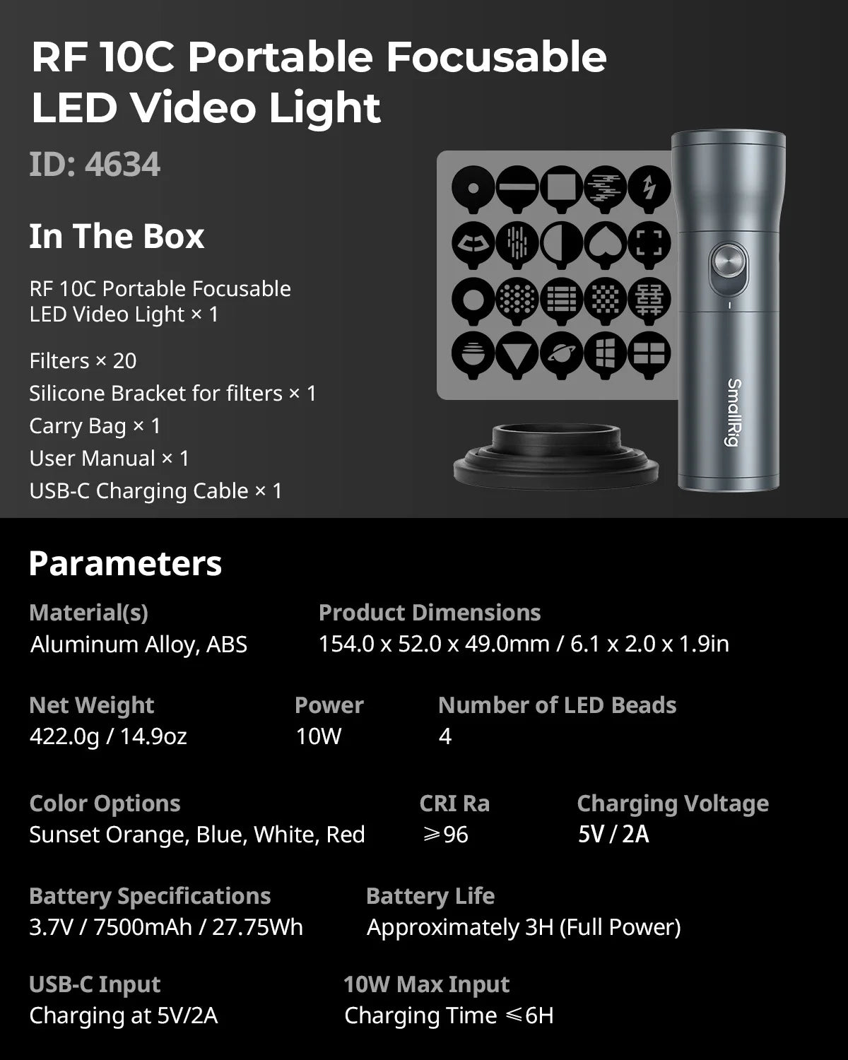 RF 10C cylindrical gray aluminum LED video light with 20 diverse pattern filters for creative lighting effects.