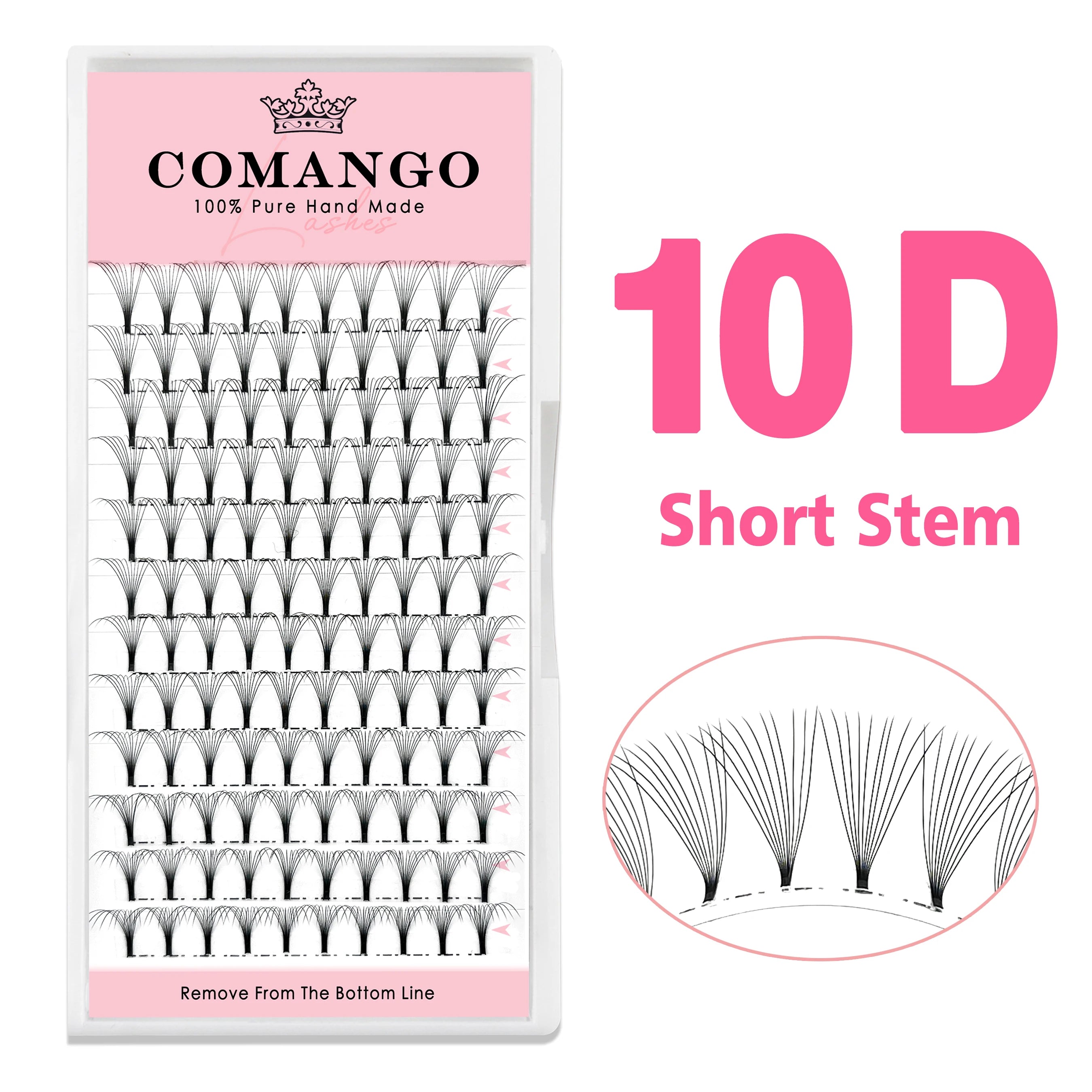 Tray of Comango 10D short stem premade volume lash fans in black, with a zoomed-in view of the lash clusters.