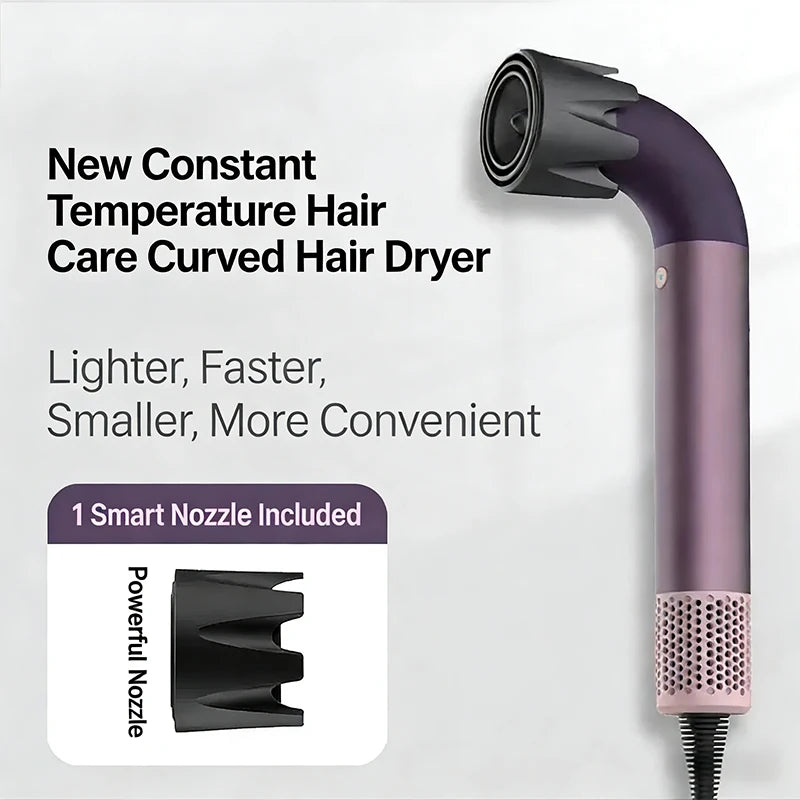 Purple curved-tube high-speed hair dryer with powerful nozzle attachment for professional quick-drying hair styling.