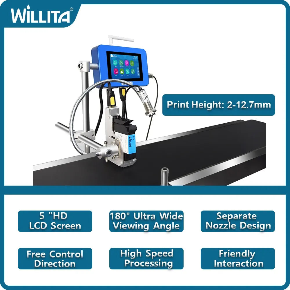 Industrial online inkjet printer with touchscreen and print head on conveyor rail