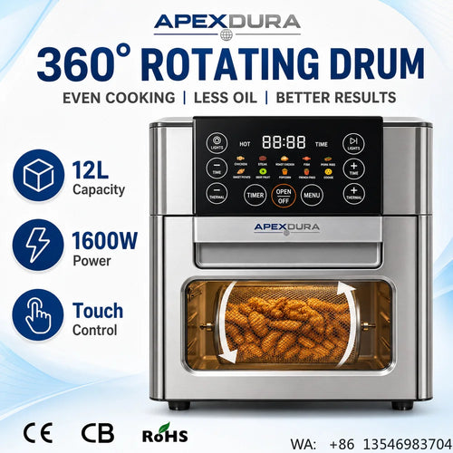 12L black air fryer oven with touch controls and viewing window