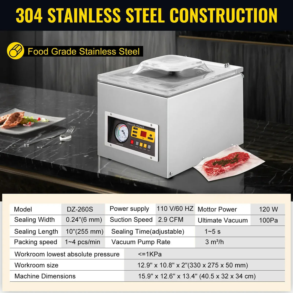 SIHAO Vacuum Packing Machine DZ-260C Chamber Vacuum Sealer with 12.6" Sealing Length for Foods Meats Applied in Kitchen