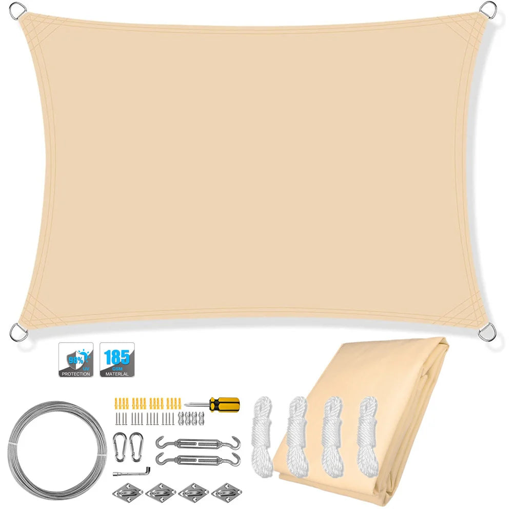 Rectangular waterproof shade sail canopy with corner grommets, beige color.