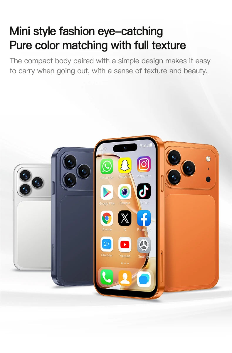 ONEMYTH A18 Pro 4-inch mini 4G smartphone in orange, blue, and silver, showing front screen and rear camera layout.