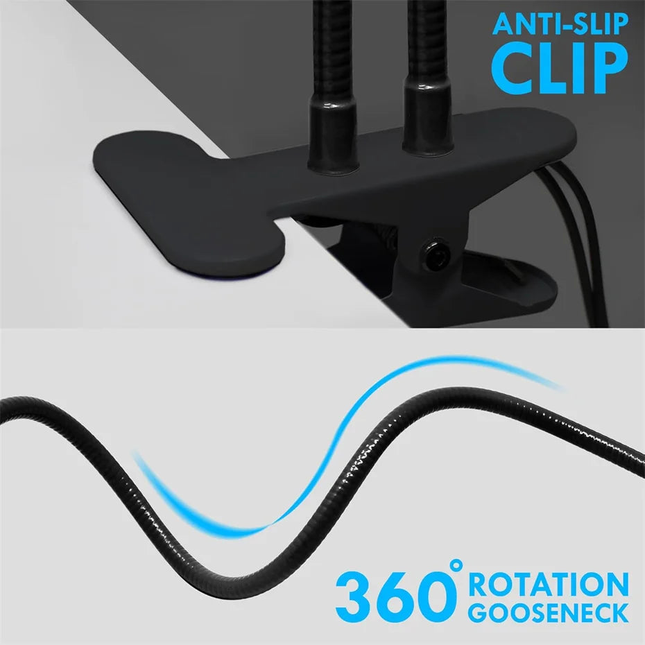Black metal anti-slip clamp base with a flexible 360-degree rotating gooseneck for securing lamps or devices to desks.