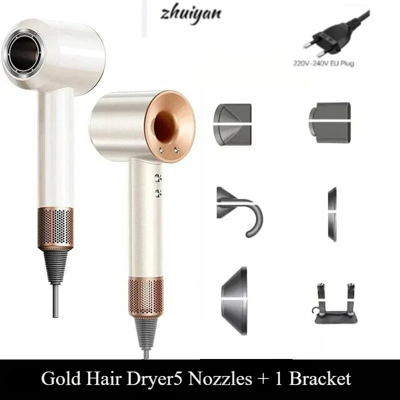 White & gold professional negative ion hair dryer with 5 styling nozzles, wall mount bracket, and EU plug.