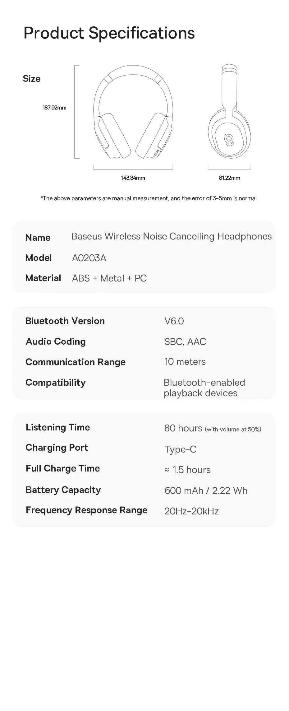 Wireless Over-Ear Headphones - 80 Hour Battery - Tidesmit Grey Tidesmit