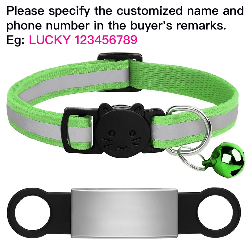 Customized green reflective cat collar with safety bell and engraved ID nameplate for anti-lost pet identification.